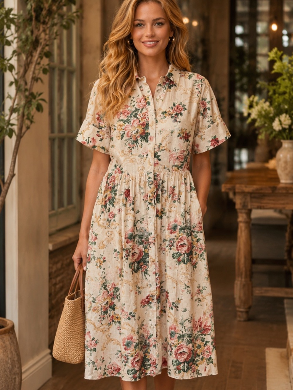 $1645 Erdem Ecru Multi Flared Cuff Fit & Flare Floral Linen Shirt Dress Size 12